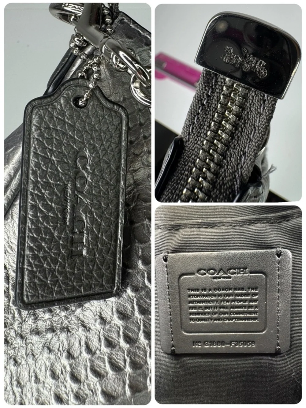 Coach Carrie Python Embossed Leather F35059 Pewter Silver Gunmetal Chain Bag